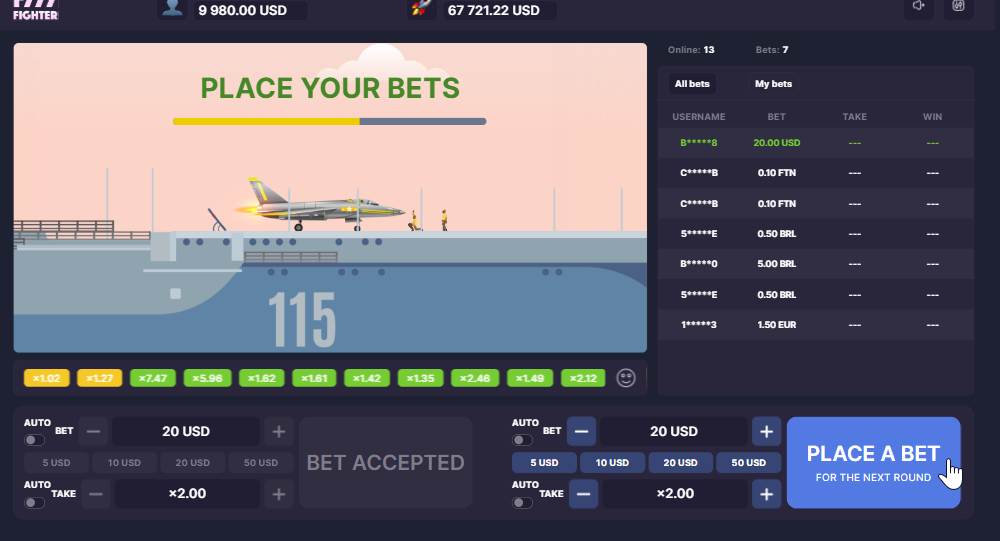 F777 Fighter Crash Game is quite simple, but newbies might get confused. Multi-betting is possible, so you can place 1 or 2 bets per round. 